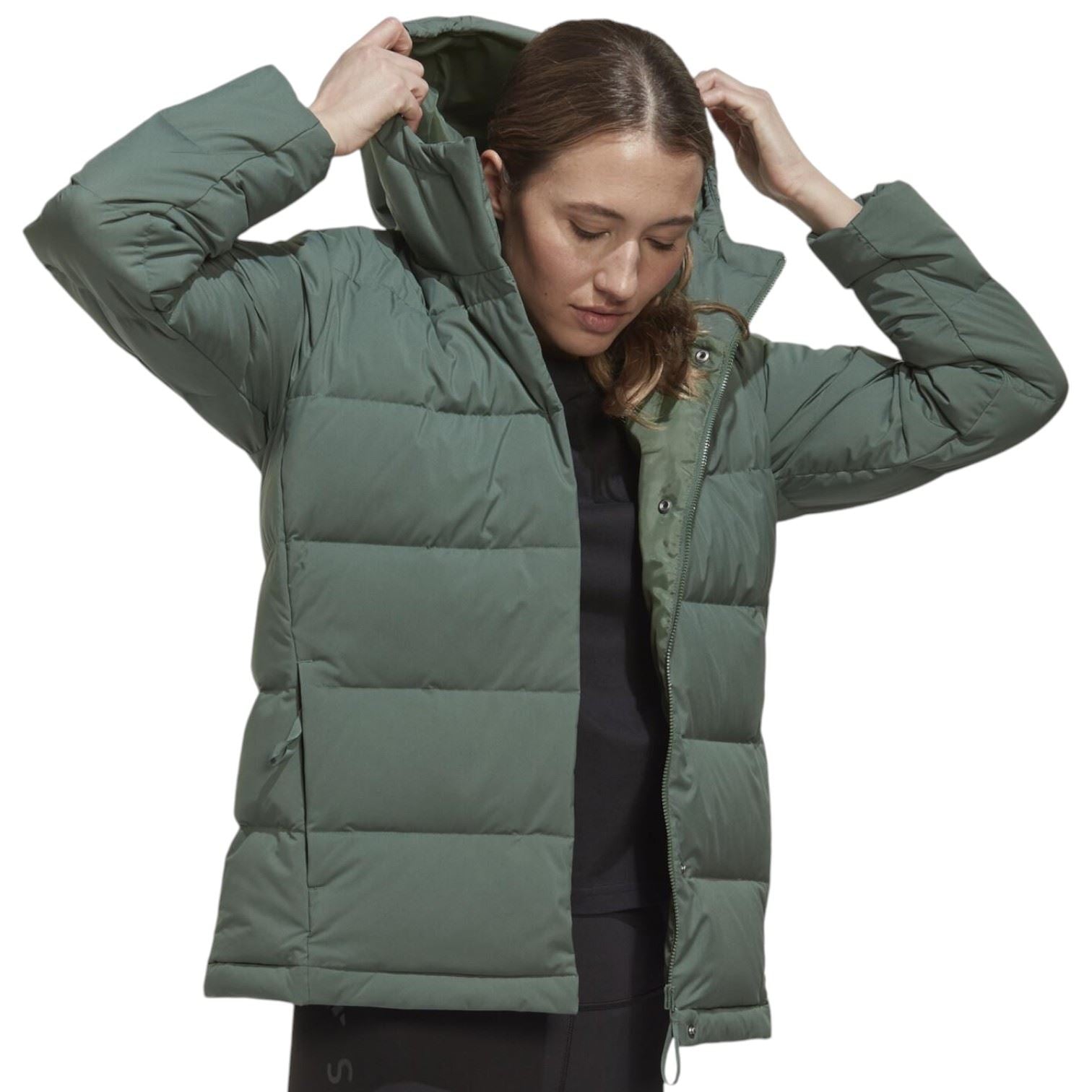 Adidas Womens Helionic Padded Hooded Down Jacket Green